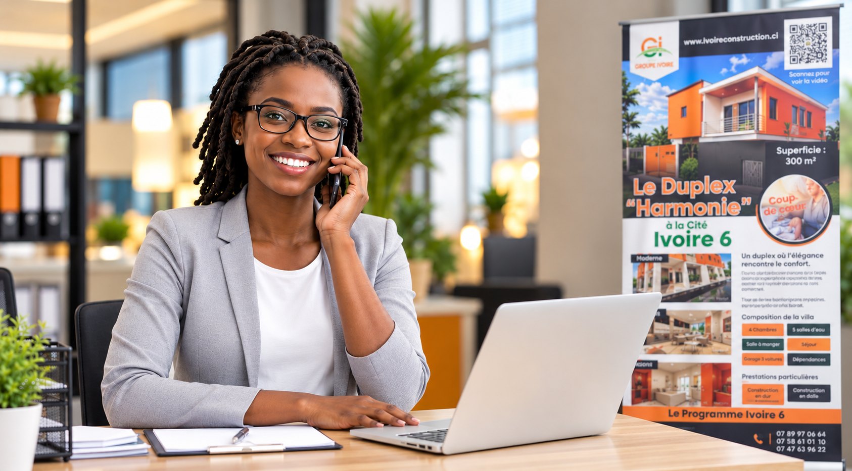 Conseillère d’Ivoire Construction au téléphone