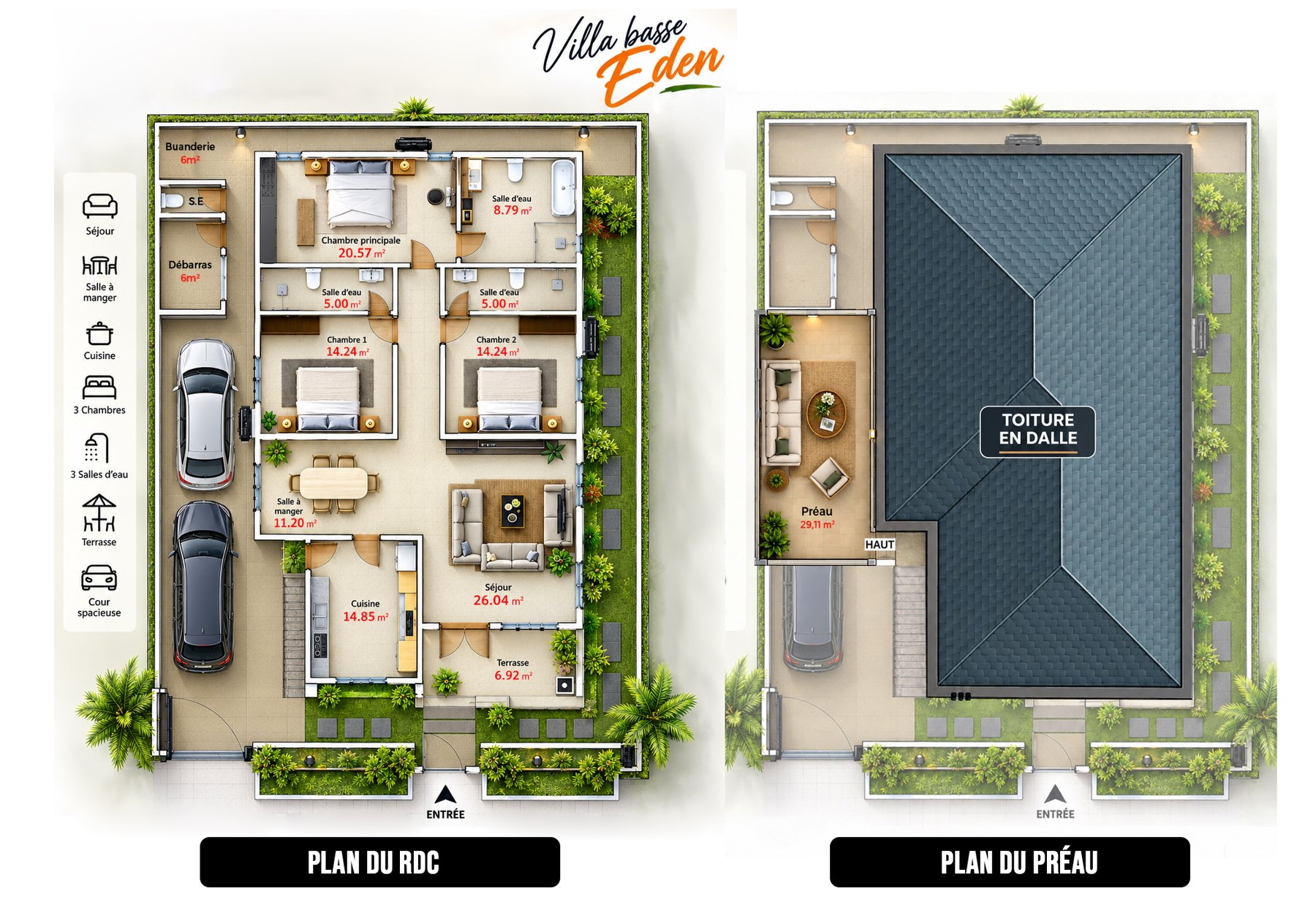 Plans du rez-de-chaussée et du préau de la villa basse Eden