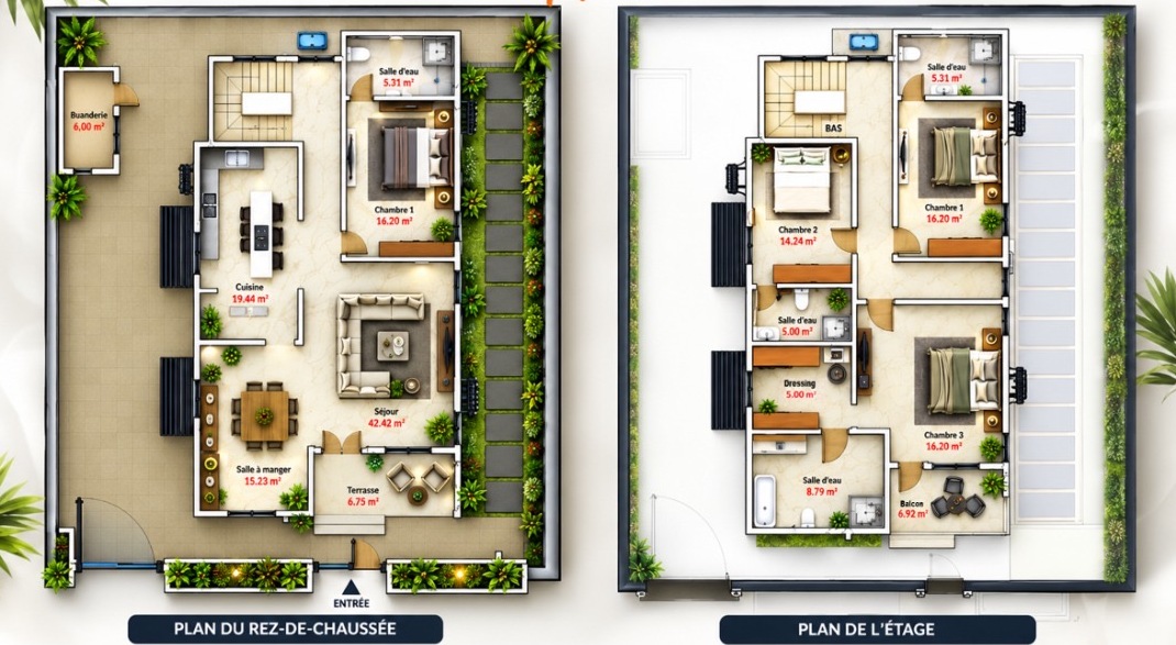 Plans du rez-de-chaussée et de l’étage de la villa duplex Harmonie