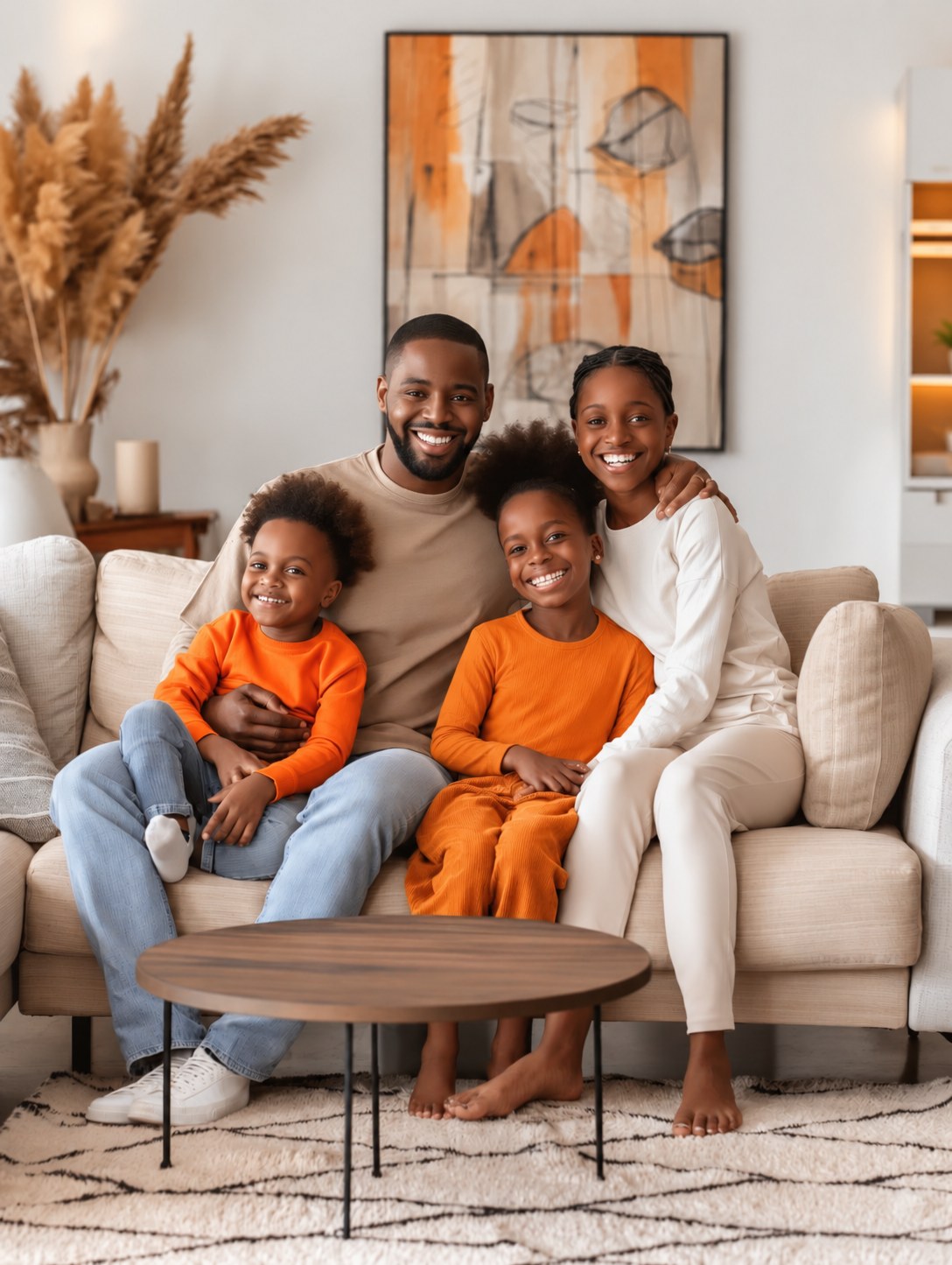 Famille heureuse dans le salon de sa villa