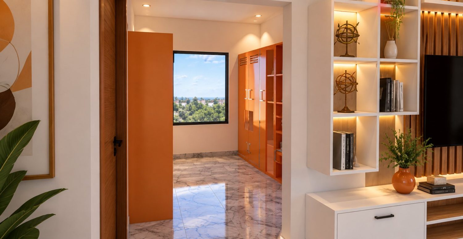 Chambre, penderie et coin TV