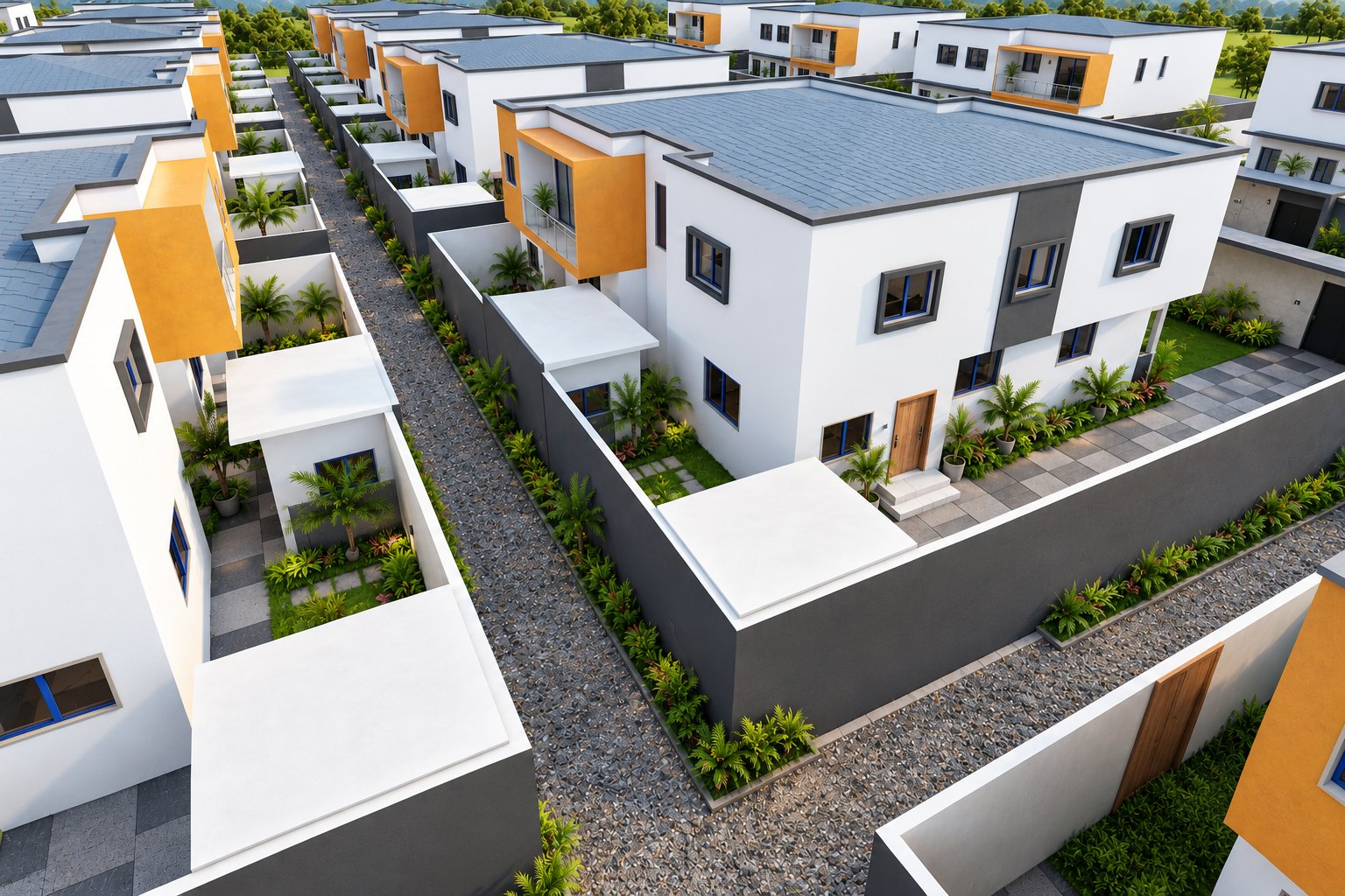 Vue d’en haut des allées plantées de 3 mètres entre les villas
