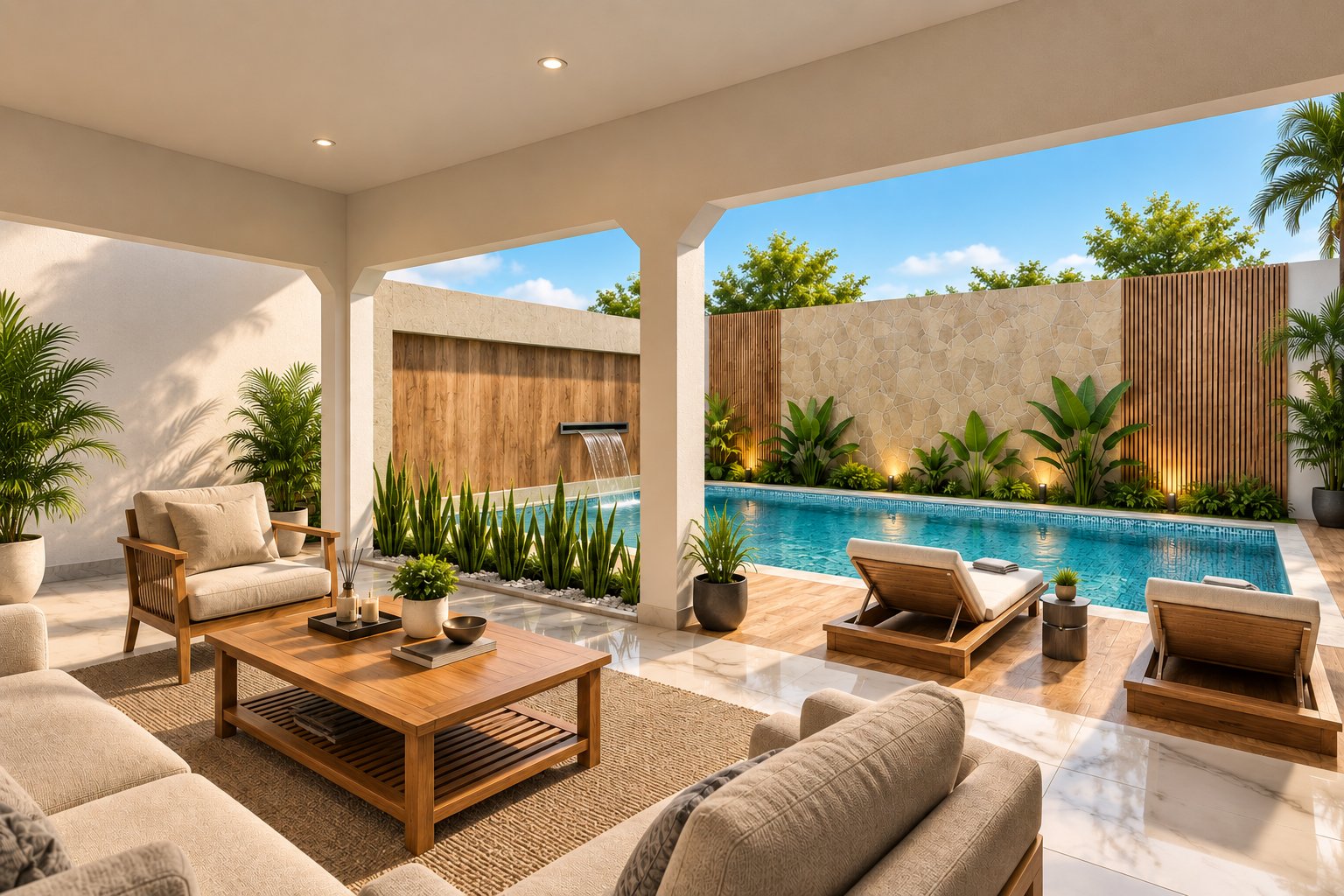 Terrasse couverte et piscine de la villa duplex Prestige