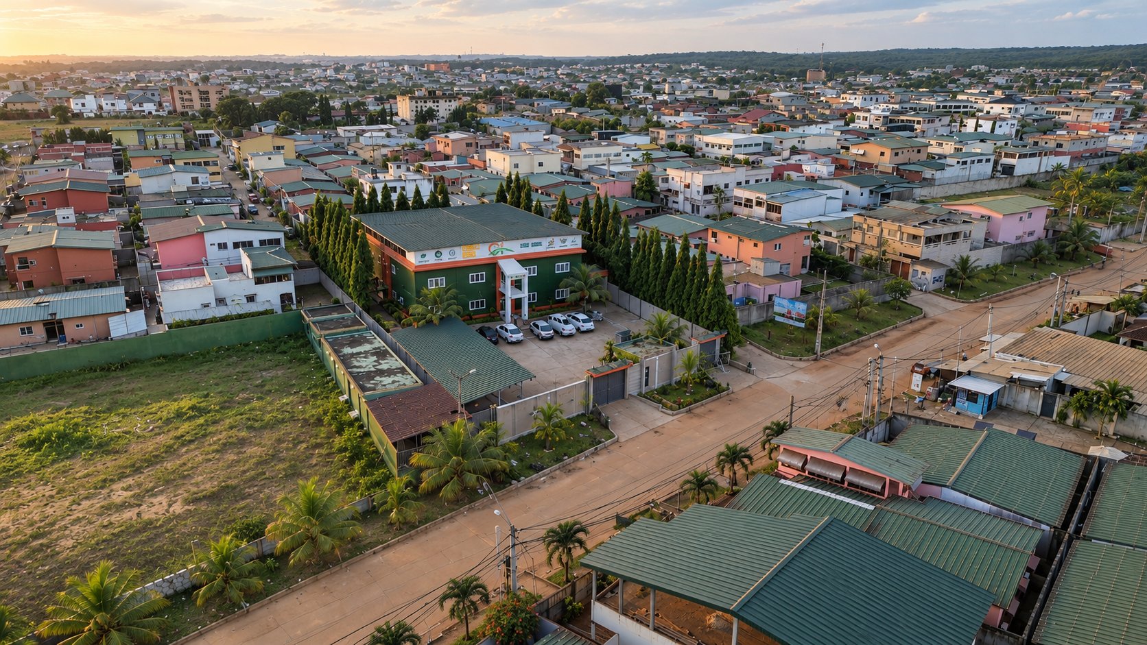 Vue aérienne du siège d’Ivoire Construction et de son quartier